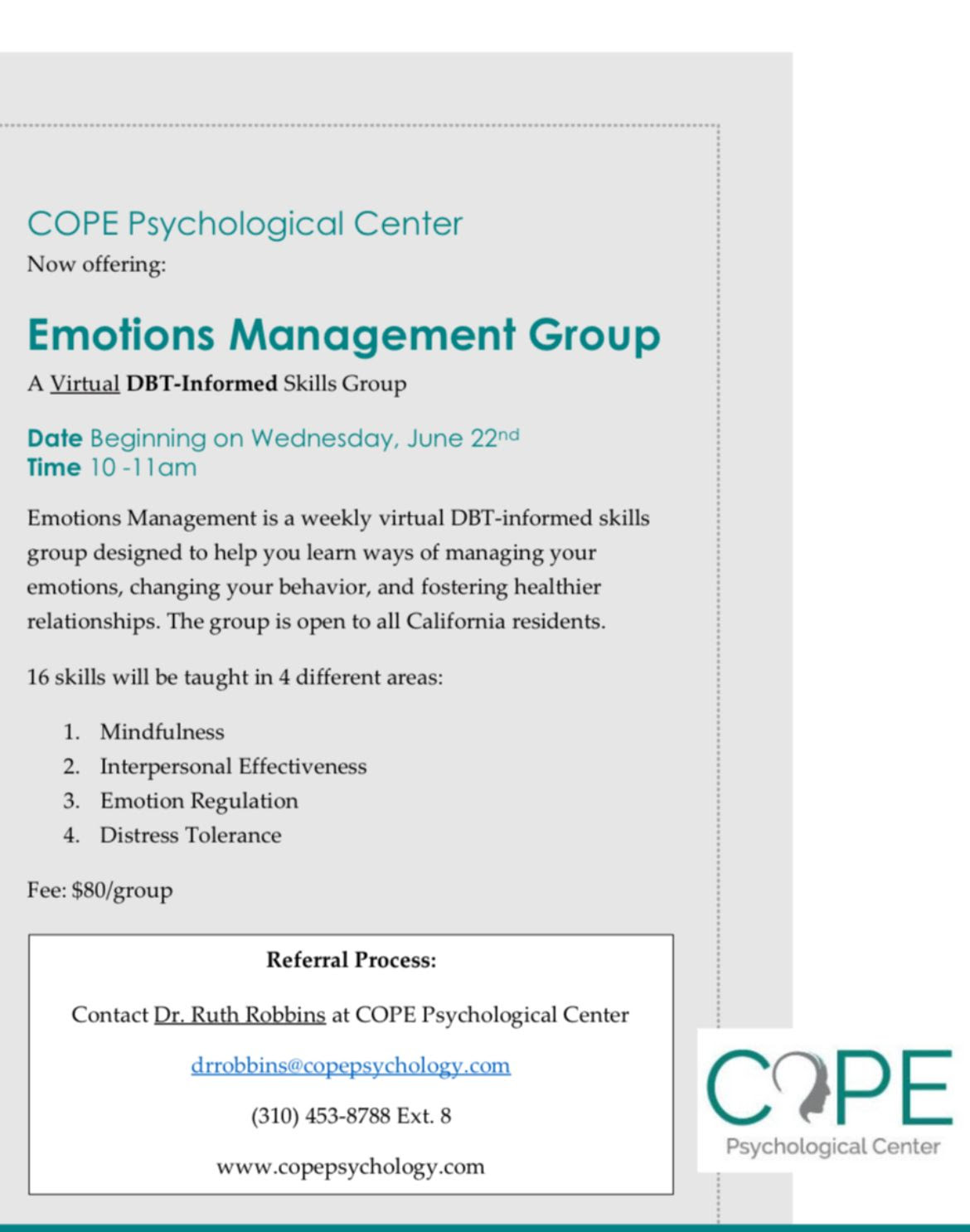 , Virtual Emotions Management DBT Skills Group